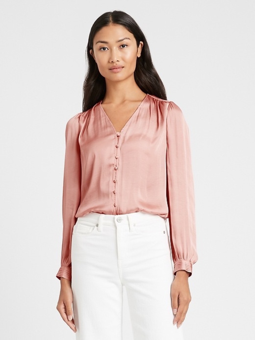 NWT Banana Republic Soft Satin V-Neck Blouse Dusty Rose Pink L